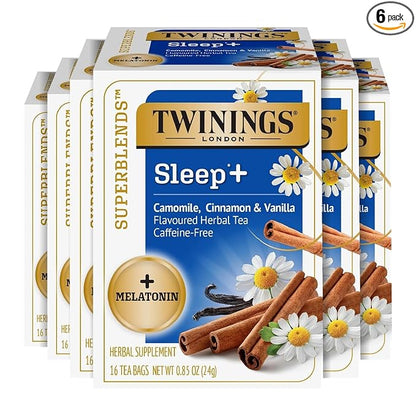 Twinings Superblends Sleep+ Herbal Tea with 1mg Melatonin, Camomile, Cinnamon & Vanilla, Naturally Caffeine-Free, 16 Tea Bags (Pack of 6), 96 Teabags