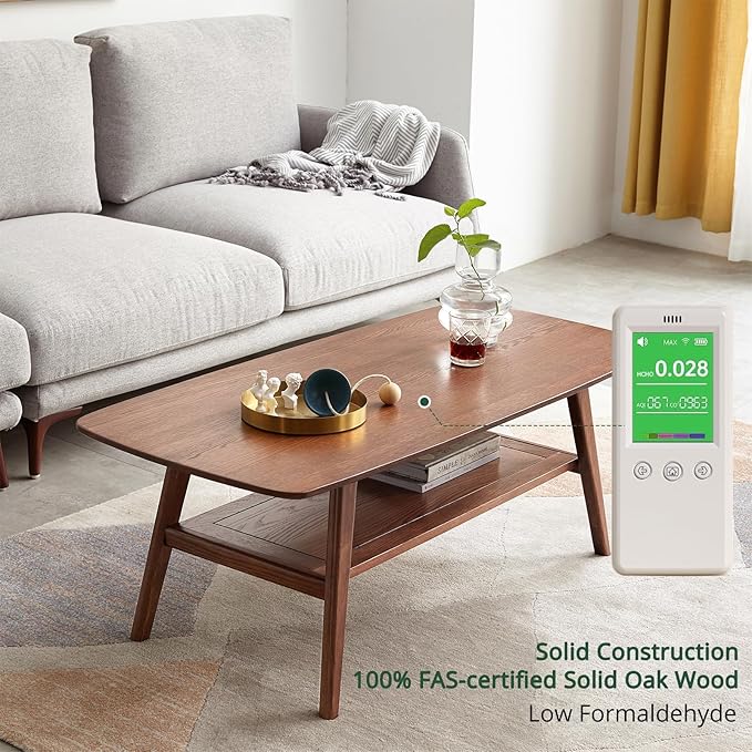 2-Tier Solid Oak Wood Coffee Table - Practical Center Table with Double Storage for Small Apartments, Living Rooms, Bedrooms, and Offices (Walnut, 39.37" D x 19.69" W x 17.32" H)