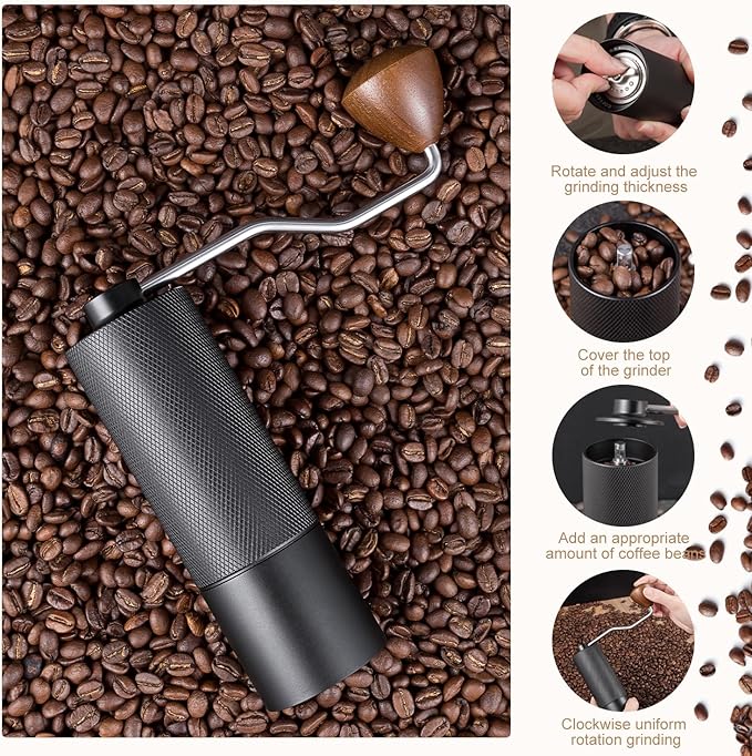Generic Manual coffee grinder Capacity 25 grams, stainless steel tapered burrs - wooden handle - adjustable internal settings, dual bearing positioning, MCG2401, Black