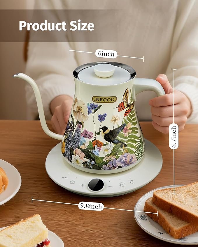 0.8L Gooseneck Electric Kettle, Precise Temperature Control for Pour Over Coffee & Tea, 1200W Fast Boiling Water, Auto Shut Off, Scheduling, Stainless Steel, Floral Painted Design