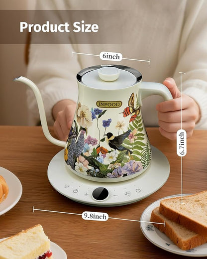0.8L Gooseneck Electric Kettle, Precise Temperature Control for Pour Over Coffee & Tea, 1200W Fast Boiling Water, Auto Shut Off, Scheduling, Stainless Steel, Floral Painted Design