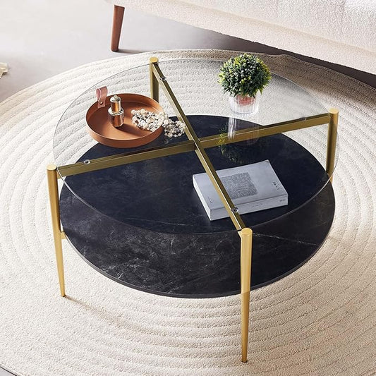 Round Coffee Table for Living Room, Mid-Century Modern Design, D30 x H17, 2-Tier Structure, Grey Glass Top and Black Marble Finish Wood Shelf, Sleek Conical Metal Legs with Gold Finish Frame