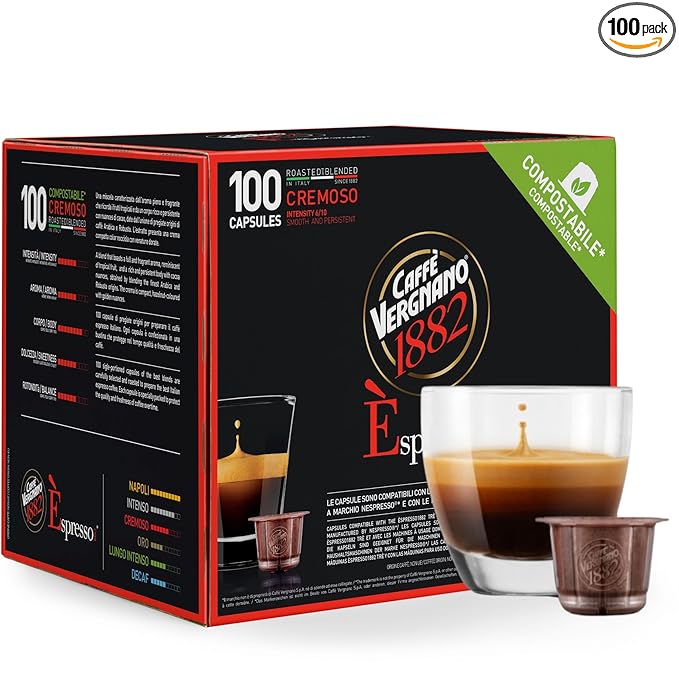 Caffe' Vergnano 1882 Medium Roast Espresso Original Line Machine Compatible Capsules, Arabica Robusta Espresso Coffee, Italian Coffee For Nespresso Coffee Machines, Intensity 6/10, Cremoso, 100 Ct