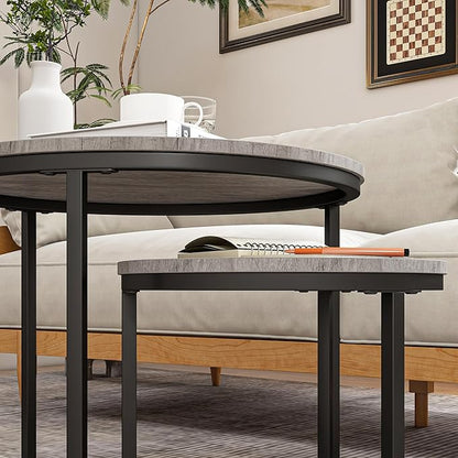 Round Coffee Table Set of 2 for Living Room,Black Small Coffee Table Living Room,Nesting Tables Metal Frame/Wood,Sturdy/Easy Assembly,Stacking Side Tables Bedroom,Grey