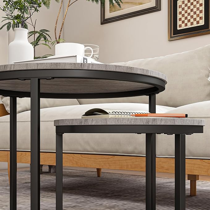 Round Coffee Table Set of 2 for Living Room,Black Small Coffee Table Living Room,Nesting Tables Metal Frame/Wood,Sturdy/Easy Assembly,Stacking Side Tables Bedroom,Grey