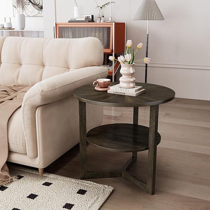 PADMA HOUSE 25" Round Wood End Table, 2-Tier Solid Wood Rounded Accent Side Table Circle Nightstand Table with Storage Shelf Vintage Furniture for Home Living Room Bedroom,Black Brown 3338BK