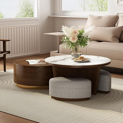 Lartis Coffee Table Set 2 - Walnut Coffee Table with Drawer and Stools - Marble Circular Stone Tabletop Modern Design Round Coffee Table for Living Room
