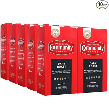 Community Coffee Dark Roast Ground Coffee,Vacuum Packed 16 Ounce Bags (Pack of 10)