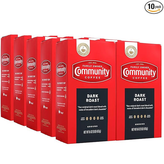 Community Coffee Dark Roast Ground Coffee,Vacuum Packed 16 Ounce Bags (Pack of 10)