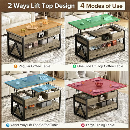 40" Lift Top Coffee Table,4 in 1 Multi-Function Lift Coffee Tables with Storage Drawers and Hidden Compartmen,Farmhouse Coffee Table with Lifting top for Living Room,Grey