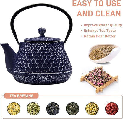 20.3oz Cast Iron Teapot, Small Tea Kettle for Stovetop Safe With Enameled Interior, Stainless Steel Infuser for Loose Tea (Blue Honeycomb Pattern)