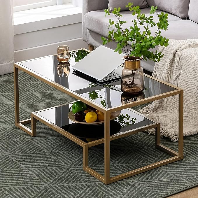 COSVALVE Glass Coffee Table, Brass Accent Modern Tempered Glass Side Table, Additional Storage Shelf & Metal Frame, for Living Room Home Classy Furniture Office Decor