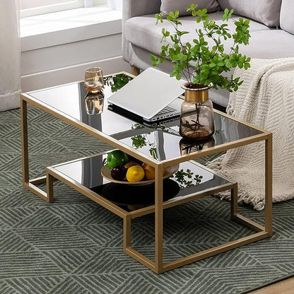 COSVALVE Glass Coffee Table, Brass Accent Modern Tempered Glass Side Table, Additional Storage Shelf & Metal Frame, for Living Room Home Classy Furniture Office Decor