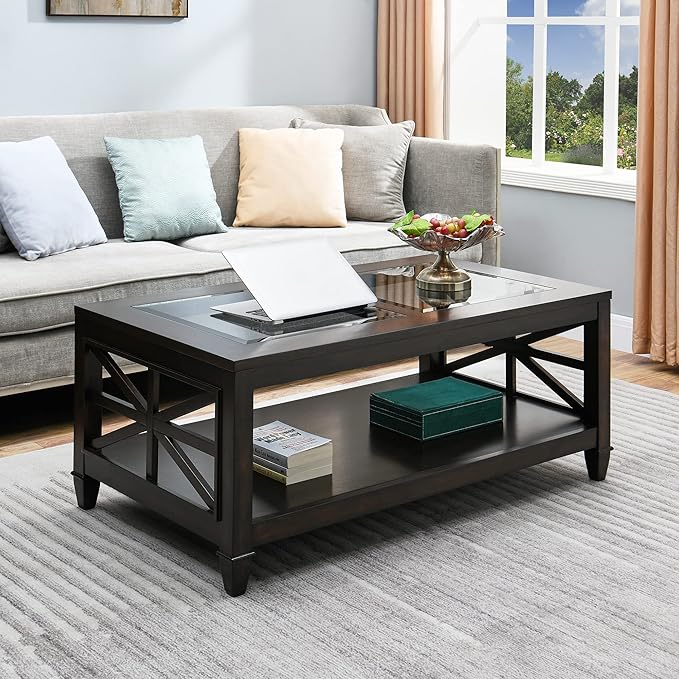 Solid Wood Coffee Table with Tempered Glass Top, Farmhouse Living Room Center Table with 2-tire Storage Shelf, Traditional Cocktail Table, 45.5” x 26” x 19” Easy Assembly, Vintage Walnut KFZ1318DC