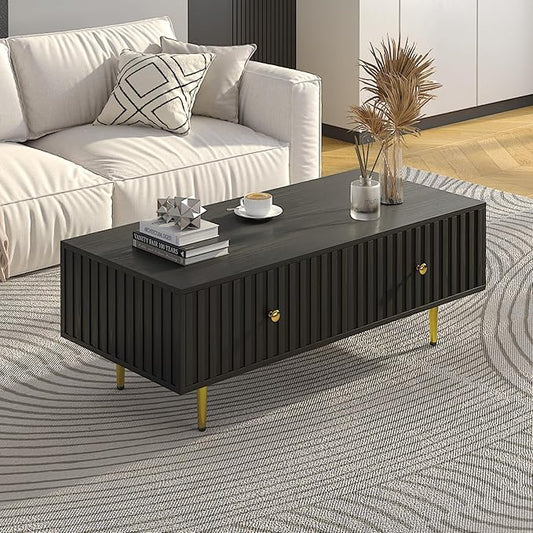 Modern Coffee Table with Storage with 2 Big Drawers, Black Rectangle Coffee Table for Living Room, Wooden Fluted Table Accent Tea Table for Living Room Apartment Small Space