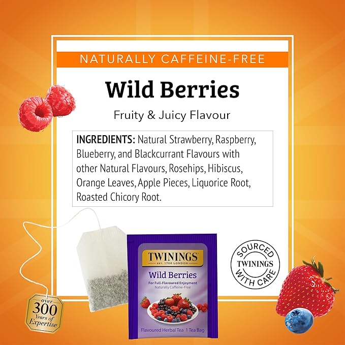 Twinings Wild Berries Herbal Tea Individually Wrapped Bags, 20 Count (Pack of 1), Full-Flavoured, Naturally Caffeine-Free, Enjoy Hot or Iced, 20 Teabags