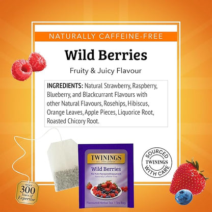 Twinings Wild Berries Herbal Tea Individually Wrapped Bags, 20 Count (Pack of 6), Full-Flavoured, Naturally Caffeine-Free, Enjoy Hot or Iced, 120 Teabags