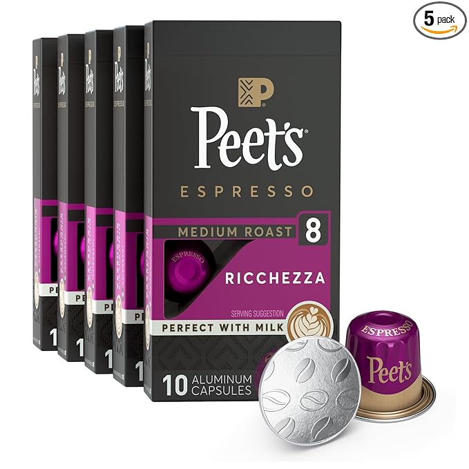 Peet's Coffee, Medium Roast Espresso Capsules, Compatible with Nespresso Original Machine - Ricchezza Intensity 8, 50 Count (5 Boxes of 10 Espresso Capsules)