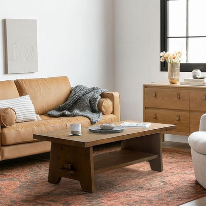 Farmhouse Wood Coffee Table - 43.4” Mid Century Modern Wooden Coffee Tables for Living Room, Solid Firwood Tabletop Rectangle Coffee Table, Center Table for Living Room, Brown
