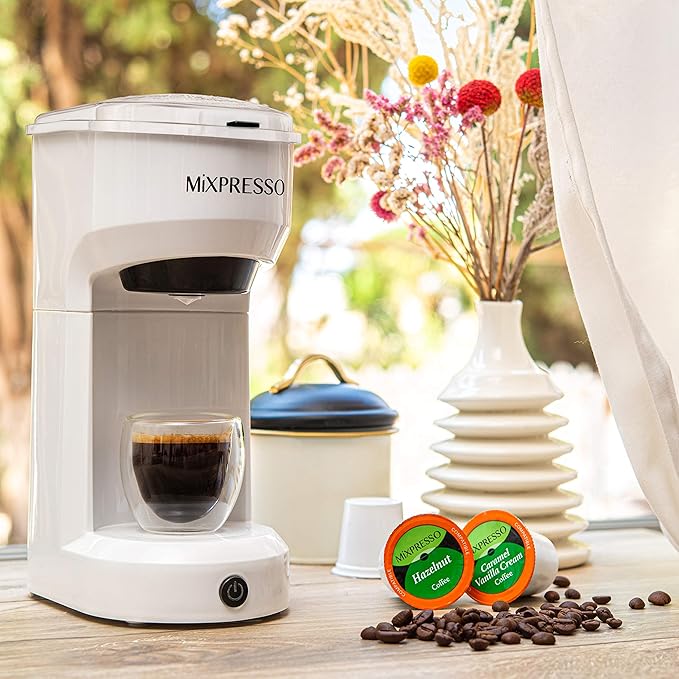 Mixpresso 2 in 1 Brewer Single Serve Coffee Maker for K Capsule and Ground Coffee, Single Cup Coffee Machine, Compact Size Mini Coffee Maker Quick Brew Technology 14oz White One Cup Coffee Brewer