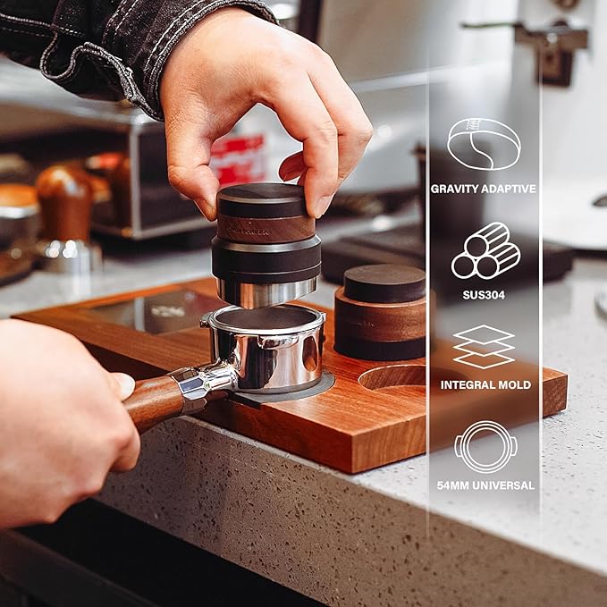 CrossCreek Coffee Distributor | 54mm Gravity Adaptive Espresso Tools Fits 54mm Breville Espresso Portafilters | Self-leveling Distribution Tools | Stainless Steel & Walnut | Espresso Accessories