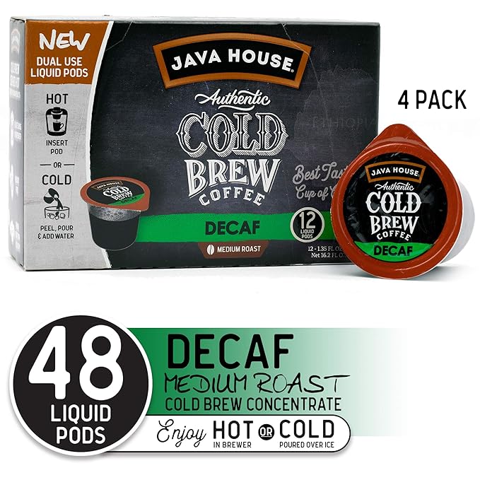 Java House Single-Serve Cold Brew Coffee Pods – Premium 100% Arabica Liquid Concentrate – Smooth & Bold Decaf Roast – 48 Pods – Ready Hot or Iced, Travel-Friendly, TSA Approved