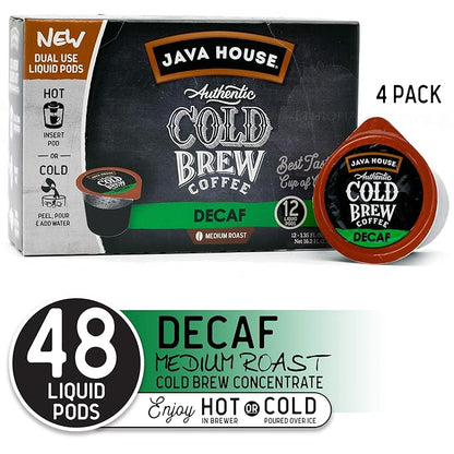 Java House Single-Serve Cold Brew Coffee Pods – Premium 100% Arabica Liquid Concentrate – Smooth & Bold Decaf Roast – 48 Pods – Ready Hot or Iced, Travel-Friendly, TSA Approved