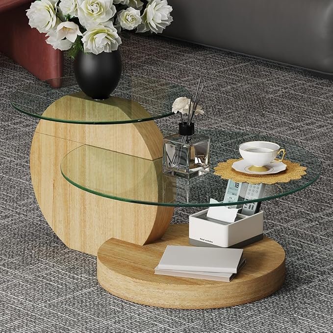35 Inch Glass Coffee Table，Round Coffee Table with 2-Tier Tempered Glass Tabletop，Easy to Clean Circle Coffee Table with Sturdy Base for Living Room，Office (Wood-Colored Base)