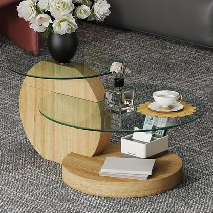 35 Inch Glass Coffee Table，Round Coffee Table with 2-Tier Tempered Glass Tabletop，Easy to Clean Circle Coffee Table with Sturdy Base for Living Room，Office (Wood-Colored Base)