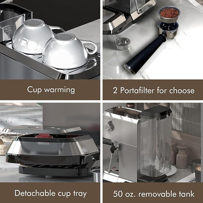 Coffee Espresso Machine 20 Bar, Cappuccino Coffee Makers with Milk Frother and Removable Water Tank, Stainless Steel Expresso Machines for Home