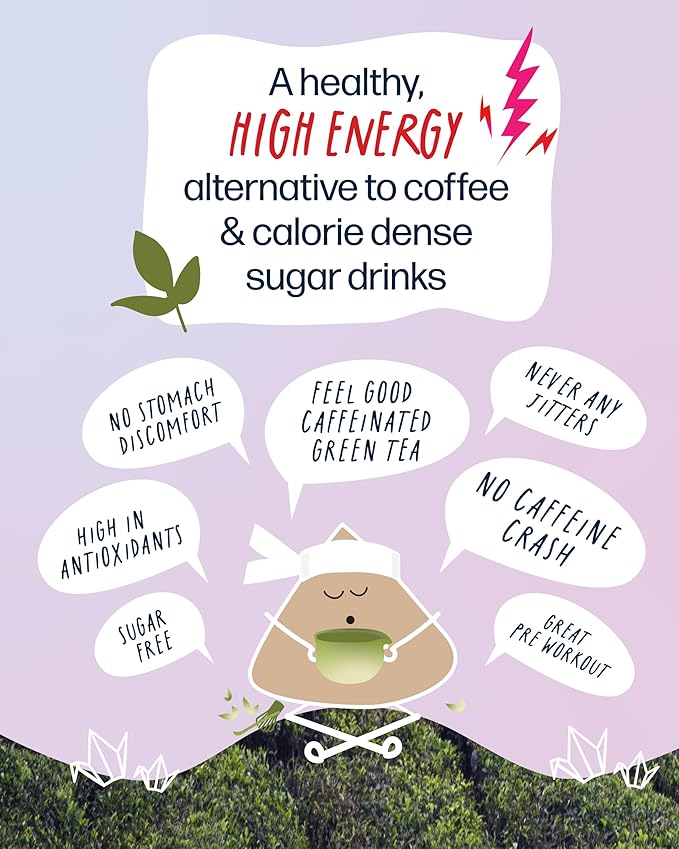 High Caffeine Tea (140 mg) - Kubo Tea: Organic Energize Yerba Mate Green Tea Bags for Clean Energy & Focus | Healthy Coffee Substitute | Ashwagandha Root Blend | 20 Ct | Compostable Packaging