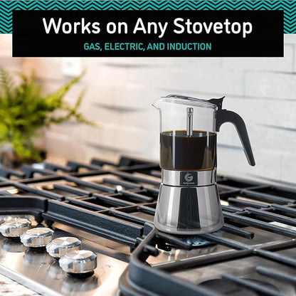 Coffee Gator 4 Cup Moka Pot, 6.7oz Stovetop Espresso Maker for Italian Coffee, Transparent Glass & Stainless Steel Design, Silver, 200ml