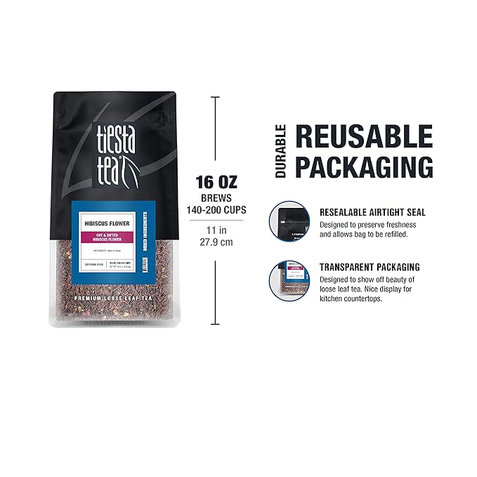 Tiesta Tea - Dried Hibiscus, Loose Leaf, Cut & Sifted Hibiscus Flower, Premium Blend, Non-Caffeinated, Make Hot or Iced & Brews Up to 200 Cups, 16 Ounce Resealable Bulk Pouch