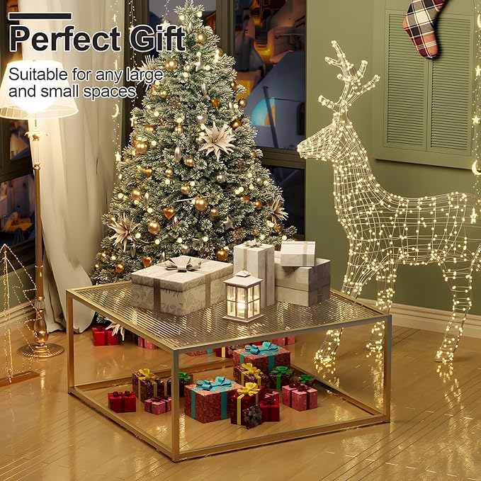 Glass Coffee Table Modern Center Table,Minimalist Coffee Table Sofa Side Tea Table for Living Room,Tempered Glass-top with Sturdy Metal Frame, Easy Assembly,26.4 x 26.4 x 15.7 Inches, Gold