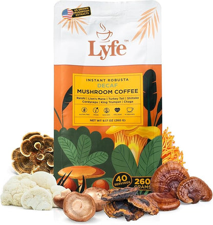 LYFE Organic Instant Decaf Mushroom Coffee – Lion’s Mane, Chaga, Cordyceps, Turkey Tail | USA Grown Adaptogenic Mushrooms for Better Energy, Focus, Gut Health, Immunity – 40 Servings