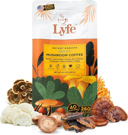 LYFE Organic Instant Decaf Mushroom Coffee – Lion’s Mane, Chaga, Cordyceps, Turkey Tail | USA Grown Adaptogenic Mushrooms for Better Energy, Focus, Gut Health, Immunity – 40 Servings