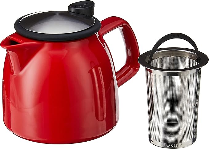 FORLIFE Bell Ceramic Teapot with Basket Infuser, 26-Ounce/770ml, Red