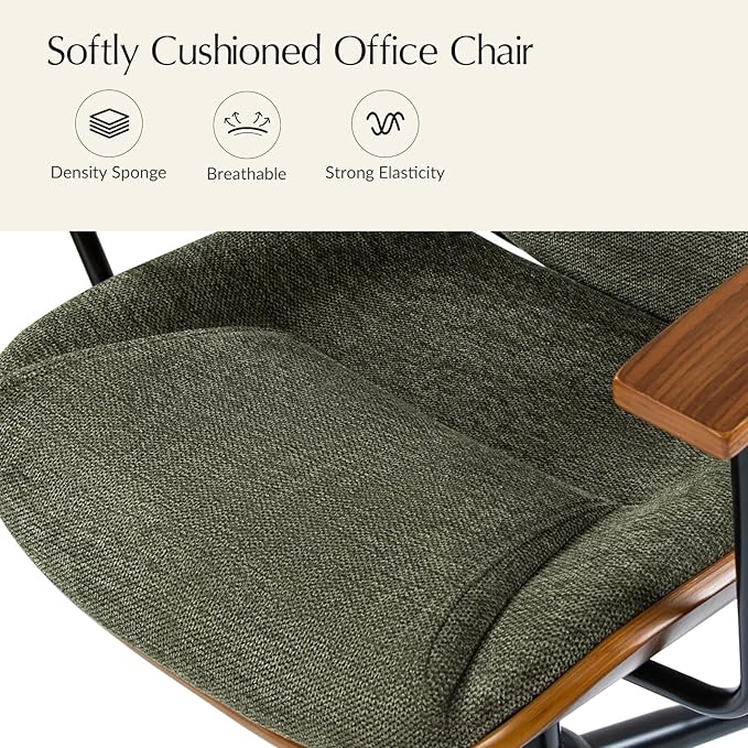HULALA HOME Solid Wood Office Chair with Rocking Function, Comfy Fabric Desk Chair with Bent Wood and Metal Base, Height Adjustable Swivel Computer Task Chair, Green