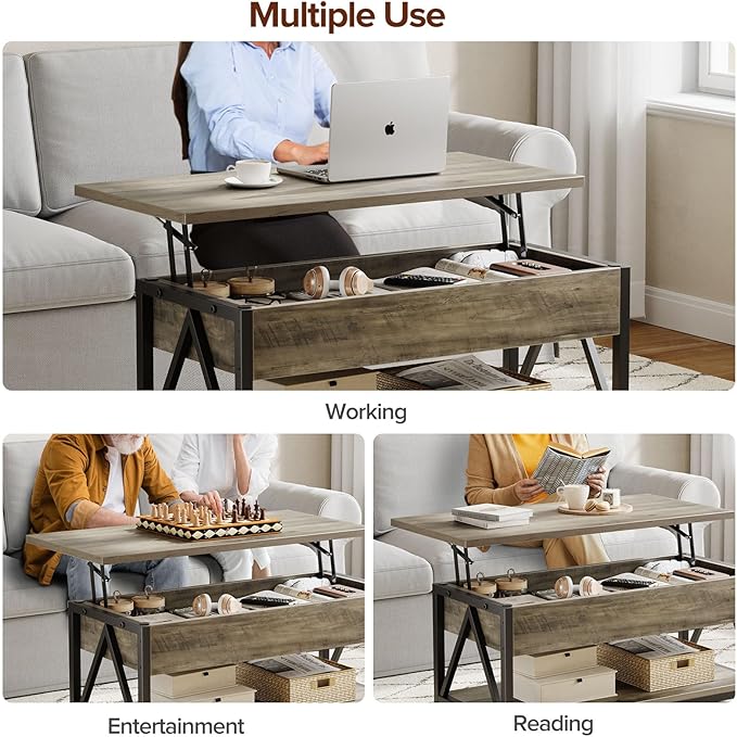 Lift Top Coffee Table,Lift Coffee Table with Storage Shelf and Large Hidden Compartment for Living Room,Lifting top Coffee Tables for Small Space,Grey