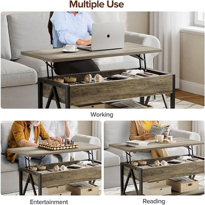 Lift Top Coffee Table,Lift Coffee Table with Storage Shelf and Large Hidden Compartment for Living Room,Lifting top Coffee Tables for Small Space,Grey
