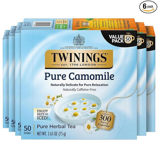 Twinings Pure Camomile Herbal Tea individually Wrapped Bags, 50 Count (Pack of 6), Naturally Caffeine-Free, Enjoy Hot or Iced, 300 Teabags