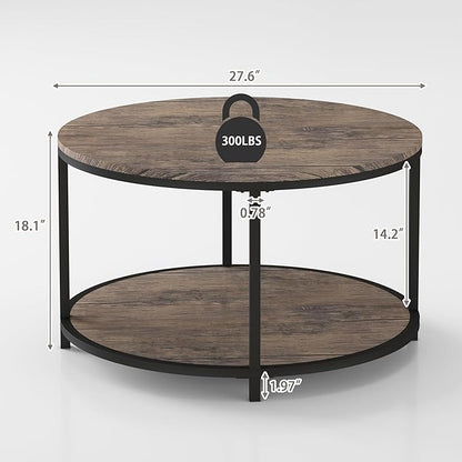 Round Coffee Table, Rustic Wooden Surface Top & Sturdy Metal Legs Industrial Sofa Table for Living Room Modern Design Home Furniture with Storage Open Shelf (Walnut, 27.6 in)
