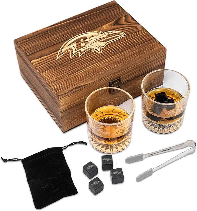 The Memory Company Officially Licensed NFL Wood Boxed Drinkware Set, with 2 Rocks Glasses and Cooling Cubes, Baltimore Ravens