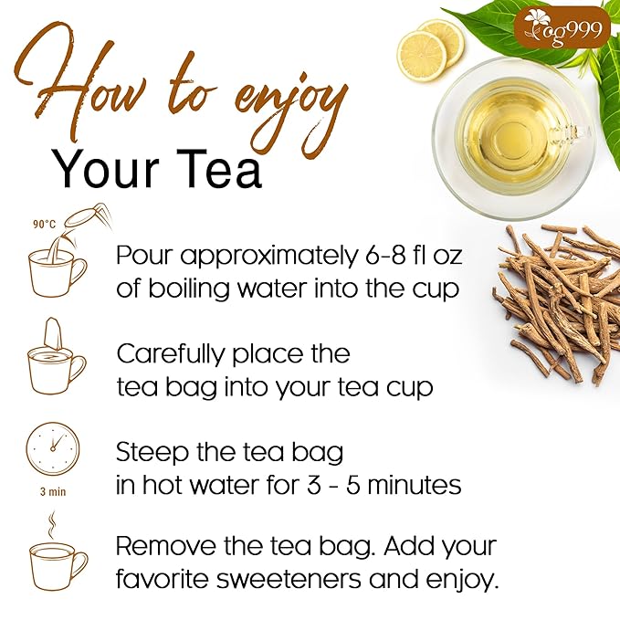 TOG999, Premium 60 Ashwagandha Root Tea Bags, 100% Natural & Pure, Ashwagandha Root Herbal Tea. No Sugar, No Caffeine, No Gluten, Vegan.