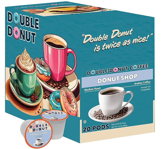 Double Donut Coffee Donut Shop Flavored Coffee Pods, Medium Roast Blend Coffee, Compatible with Keurig K Cup Brewer Machines, 20 Count (Pack of 1)