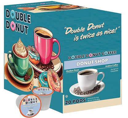 Double Donut Coffee Donut Shop Flavored Coffee Pods, Medium Roast Blend Coffee, Compatible with Keurig K Cup Brewer Machines, 20 Count (Pack of 1)