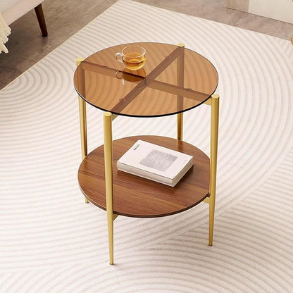 Round Glass End Table, Mid-Century Modern Design Sofa Table for Living Room, D18 x H23, 2-Tier Structure, Amber Glass Top and Walnut Shelf, Sleek Conical Legs with Gold Finish Frame