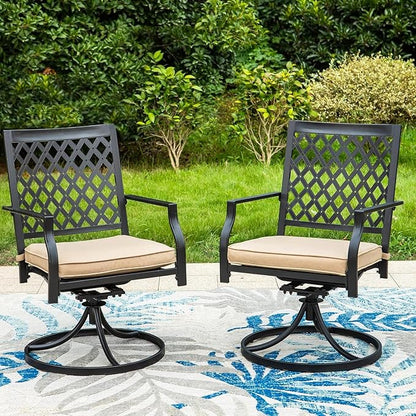 PHI VILLA Outdoor Metal Swivel Chairs Set of 2 Patio Dining Chair with Cushion Furniture Set for Garden Backyard Bistro, Small Grid, Black