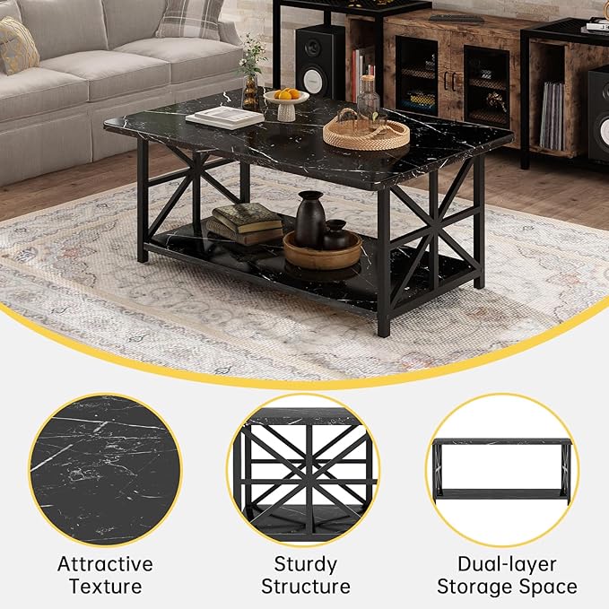 AWQM Faux Marble Coffee Table for Living Room,Modern 2-Tier Coffee Table with Storage,Rectangular Center Table for Sofa,Sturdy Frame,Black