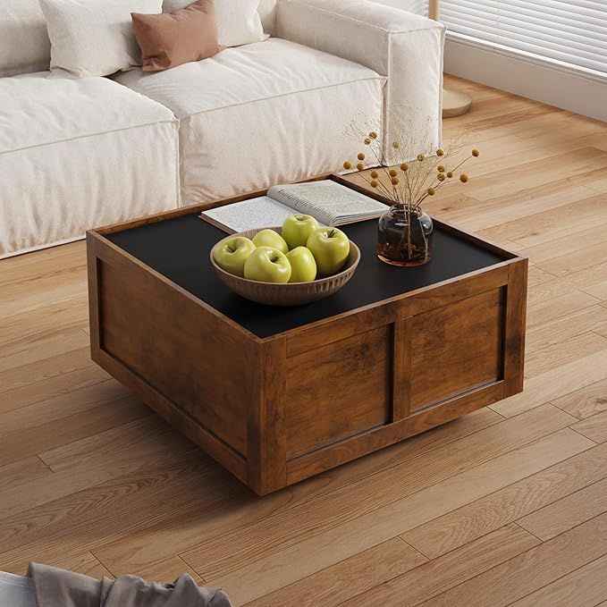 Farmhouse Coffee Table with 2 Storage Drawers for Living Room Square Center Middle Table Modern Cocktail Table Contemporary Mid Century Wood Home Office Waiting Room, Black Rustic